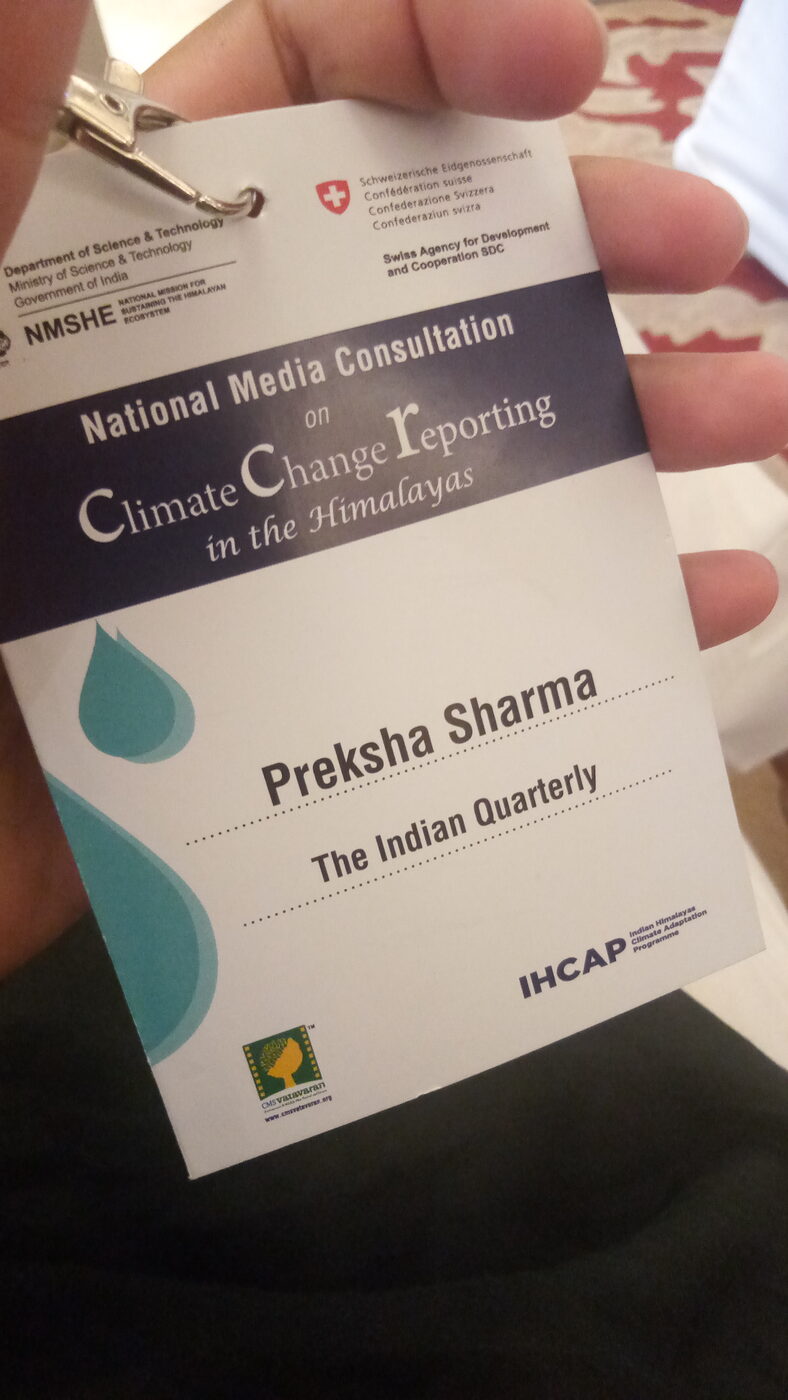Preksha Sharma's delegate badge for the National Media Consultation on Climate Change Reporting in the Himalayas, 2019