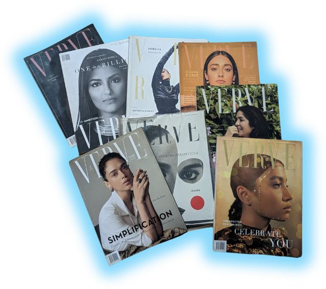 A fanned stack of Verve magazine issue covers